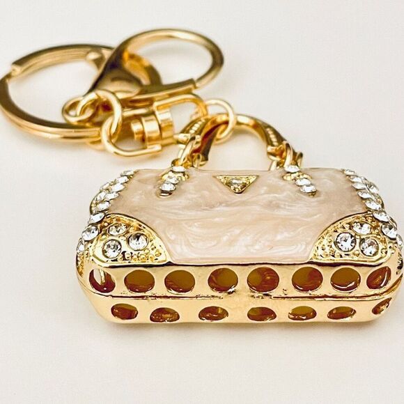 NWT Gorgeous Ivory & Gold Bling Metal Purse Handbag Lobster Keyring Key holder - Picture 7 of 12